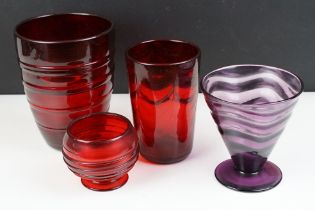 Group of Whitefriars glassware, 4 pieces, to include a purple / aubergine wavy pattern footed