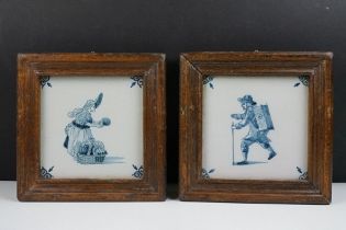 Two Dutch Delft blue & white tiles, depicting a walking gentleman and lady with basket, wooden