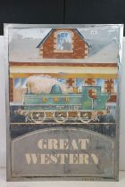 20th Century hand painted train / railway interest sign depicting a GWR train pulling into a station