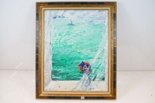 Michel Paradis-Sauval - oil on canvas painting depicting a sea scape through an open window. Framed.