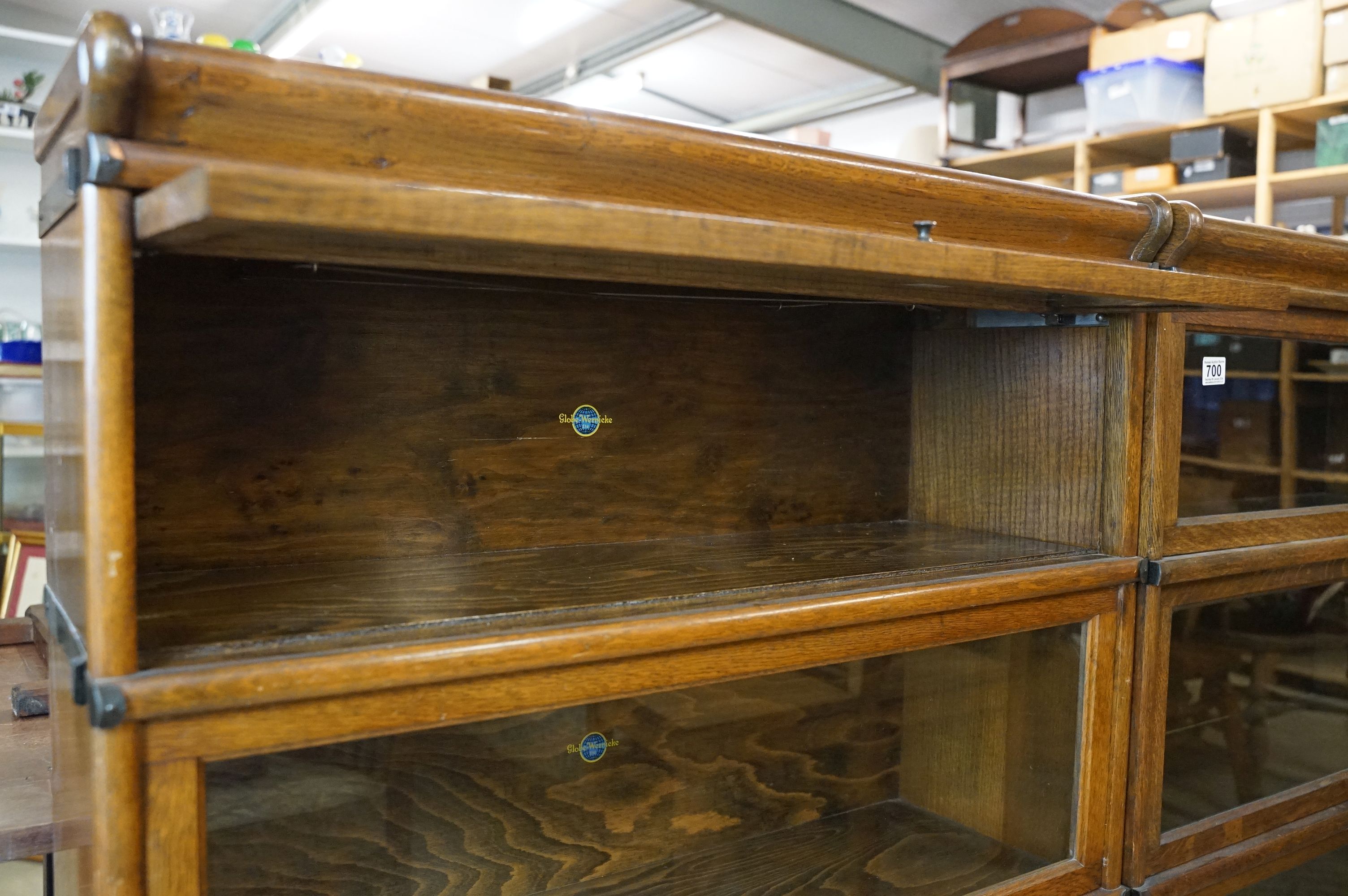 Early 20th century Globe Wernicke Oak Three Section Modular Bookcase, each section with plain glazed - Image 4 of 7