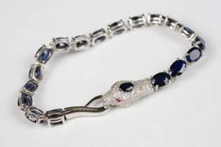 Silver and Sapphire Line Bracelet with CZ Snake Head Clasp