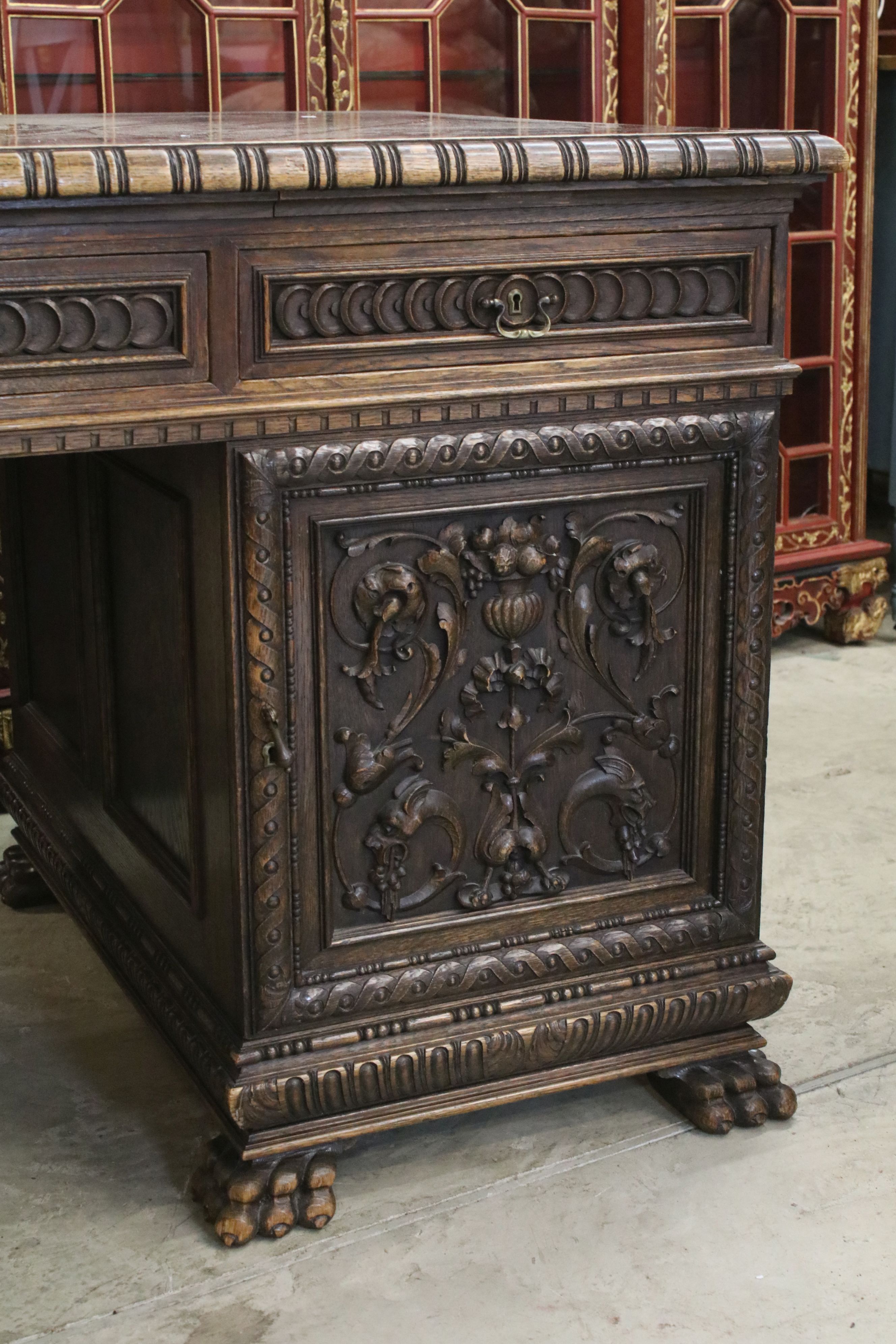 19th century Dark Oak Twin Pedestal Desk with three carved front drawers, each pedestal with heavily - Image 2 of 11