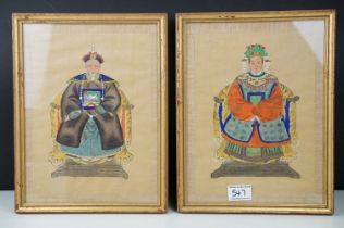 Chinese School, seated figure in ceremonial dress, watercolour on fabric, a pair, each 26 x 19.