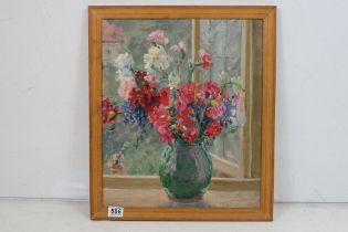Oil on board still life painting depicting a vase of flowers on a windowsill. Framed. Measures 56