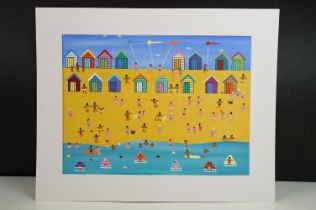 Contemporary gouache on paper painting depicting a beach scene with beach huts. Painting approx a5