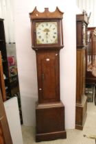 18th / 19th century Oak Longcase Clock, the painted face decorated with a cottage, Roman numerals