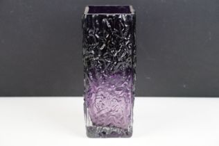 Whitefriars Style Purple / Aubergine Textured Glass Vase, of square form, approx 21.5cm high