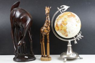Retro style terrestrial desk globe (42cm high), together with a African carved hardwood figure group