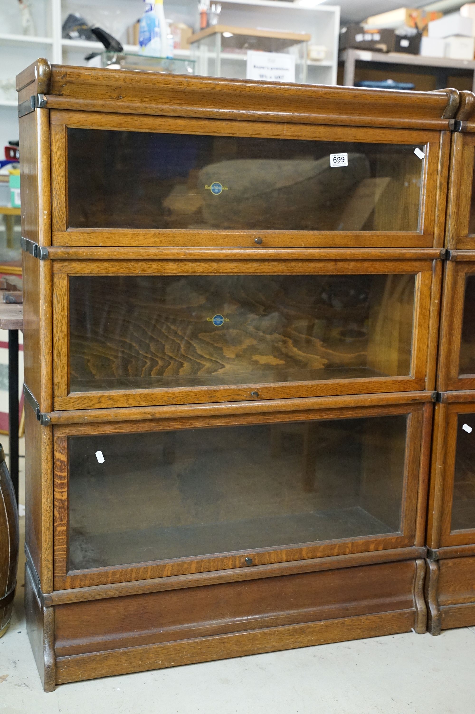 Early 20th century Globe Wernicke Oak Three Section Modular Bookcase, each section with plain glazed