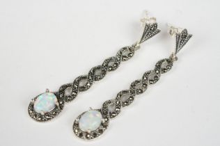 Pair of Silver Marcasite and Opal Drop Earrings