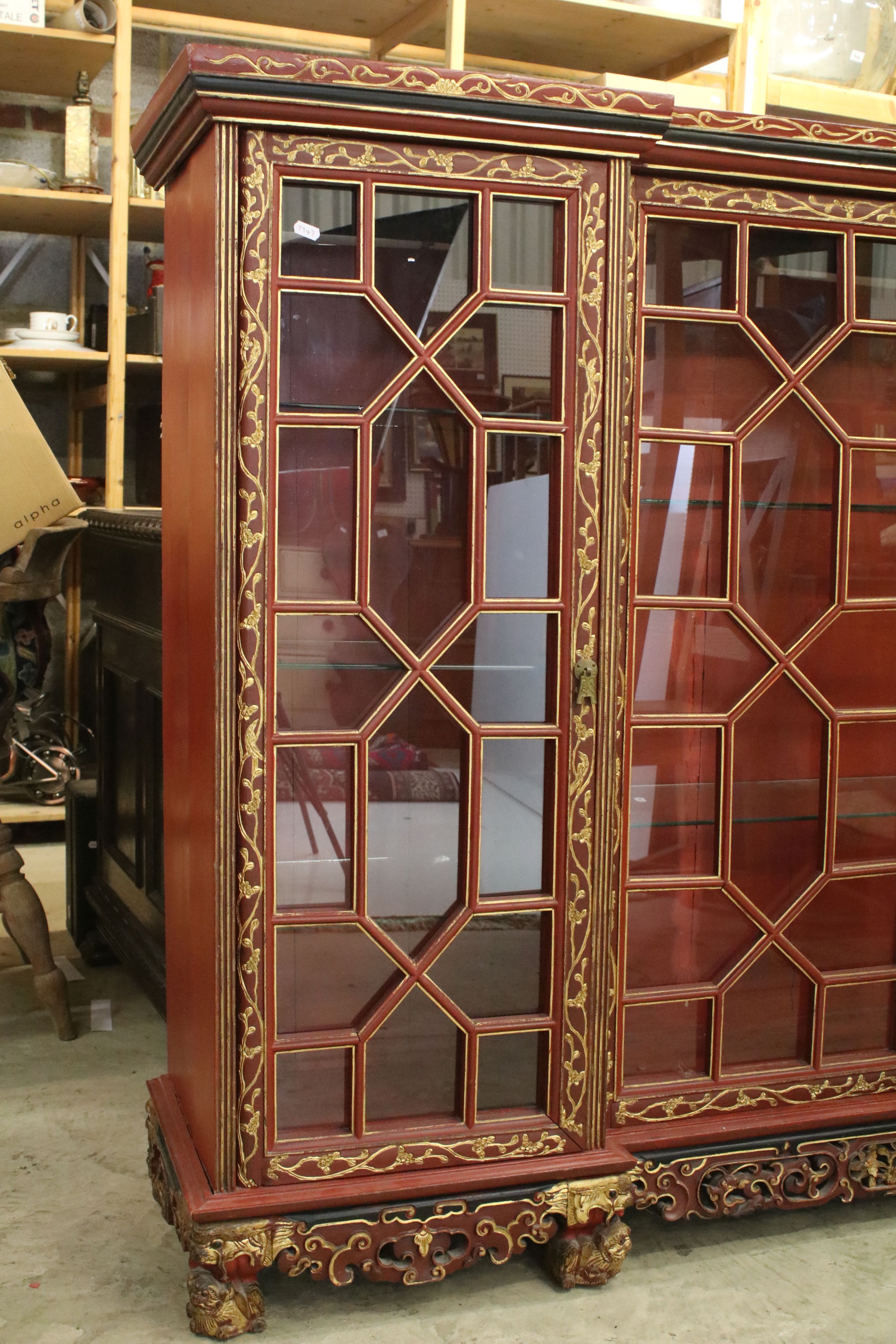 Red Lacquered and Gilt decorated Inverted Breakfront Display Cabinet in the Chinese manner, the - Image 2 of 14