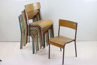 Set of Ten Mid century Children's School Chairs with plywood back rails and seats and tubular