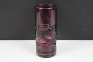 Geoffrey Baxter for Whitefriars Random Strapped cylindrical glass vase, in the Aubergine