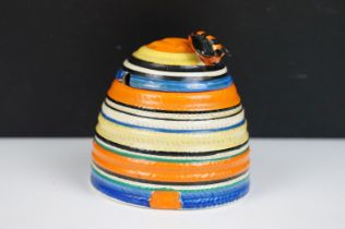 Clarice Cliff for Newport Pottery Bizarre Liberty Banded Beehive Honey Pot, with cover, printed