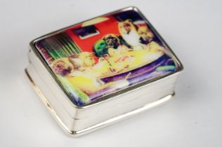 Silver Pill Box with enamel lid depicting dogs