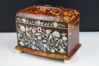 19th Century tortoiseshell twin compartment tea caddy, of sarcophagus form, with detailed mother