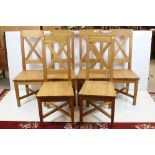 Set of Six Contemporary Pale Oak Dining Chairs with crossed back panels and solid seats, each