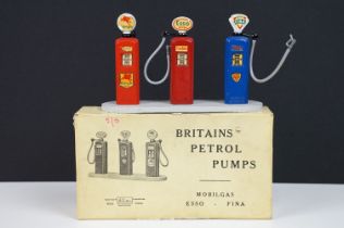 Boxed Britains 102V Petrol Pumps diecast model set, complete with 3 x pumps (ESSO, Fina &