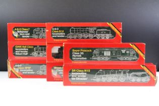 Eight boxed Hornby OO gauge locomotives to include R061 LMS Loco Black Five (end flap with tape