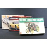 Three boxed plastic model kits to include 2 x Fujimi Supercar Series 1/16 scale (10155 Lamborghini