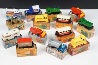 14 Boxed Matchbox 75 Series diecast models to include 2 x Passenger Coach, 2 x 47 Pannier