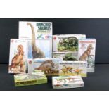 Nine boxed plastic model dinosaur kits to include 4 x Tamiya (60106 Brachiosaurus Diorama Set, 60101