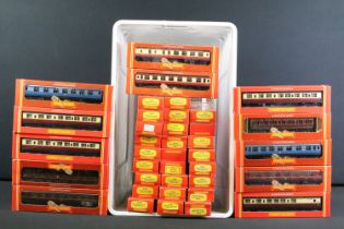 38 Boxed Hornby OO gauge items of rolling stock, all various coaches and cars, to include R426 BR