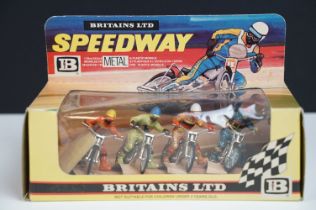 Boxed Britains 9650 Speedway plastic motorbike model set, complete with 4 x bikes and 4 x riders, ex