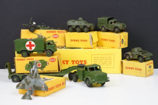 Seven boxed Dinky military diecast models to include 660 Tank Transporter, 692 5.5 Medium Gun (end