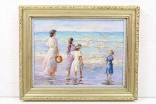 Gilt Framed Impressionist Oil Painting of Mother with Children beach paddling, 27 x 37cm