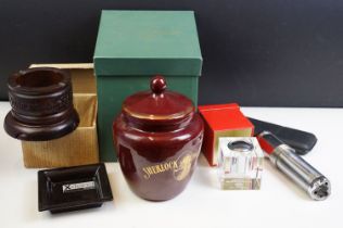 A box of mixed tobacco related collectables to include Sherlock Holmes tobacco jar, ashtray, table