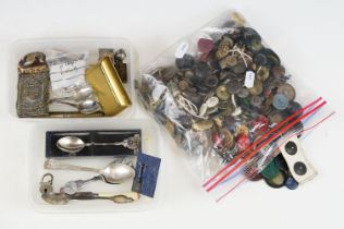 A box of mixed collectables to include silver spoons, Rolex spoons, buttons, aide memoire...etc.
