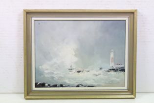 Godwin, seascape with lighthouse, oil on board, signed upper left, with artist's monogram below,