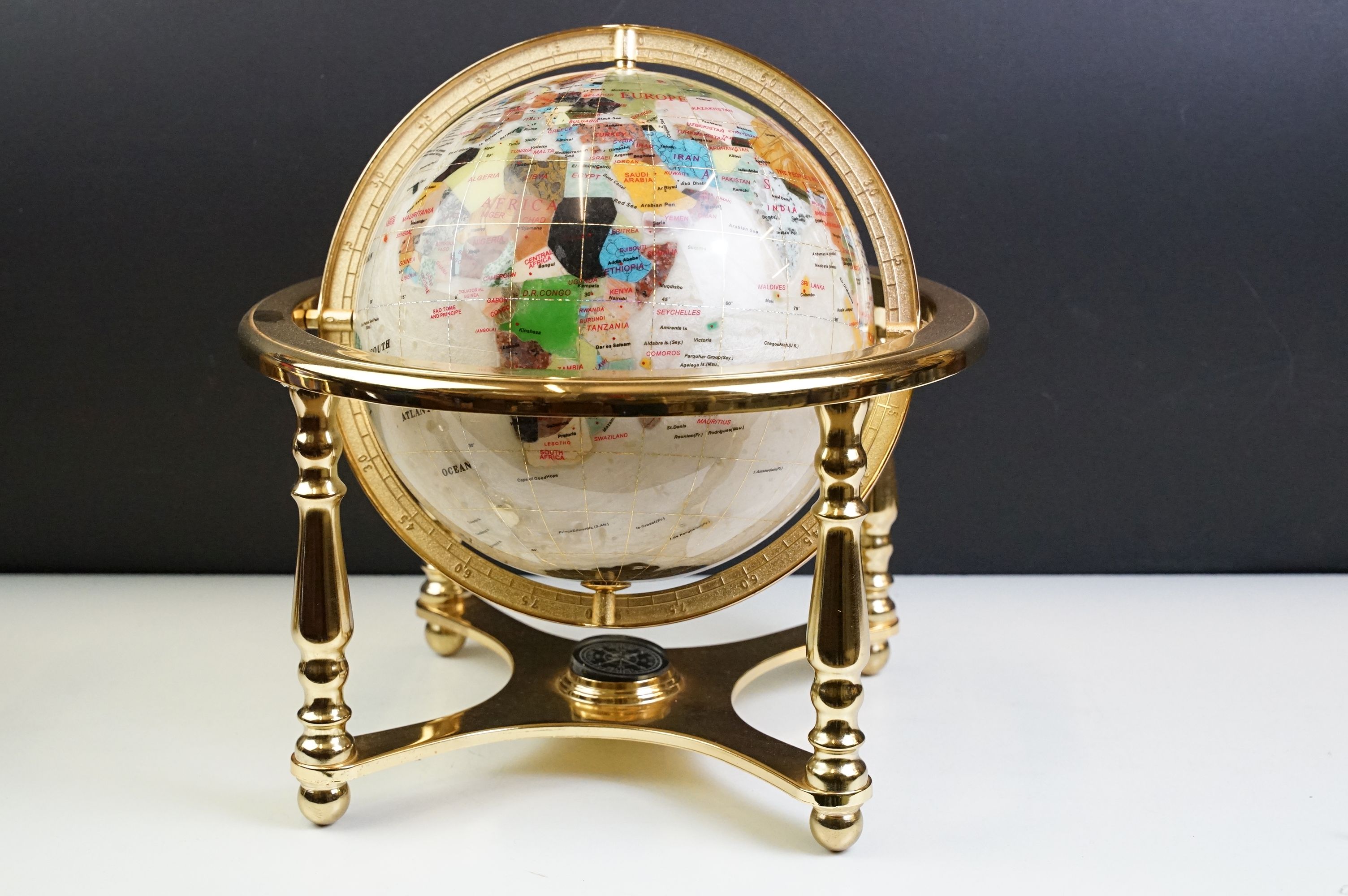 Two gemstone globes on brass stands, with built-in compasses to base, tallest approx 31cm high - Image 2 of 10