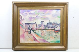 Gilt Framed Oil Painting of Figures by a canal in an Industrial City Landscape, 49.5cm x 59cm