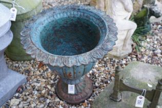 Painted cast iron garden planter with leaf detail, raised on a circular foot, approx 45cm high