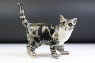 Winstanley Pottery Grey Tabby Cat figure, size 5, with glass eyes, signed to base, approx 23.5cm