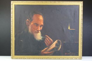 Oriental School, figure of a gentleman holding scrolls, oil on canvas, signed lower right possibly