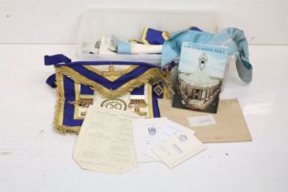 Collection of local interest Masonic ephemera to include selection of aprons and sashes, enamelled
