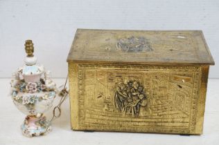Embossed brass box, decorated to lid & front with an interior family scene, approx 52cm W x 32cm