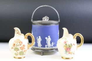 19th Century Wedgwood Jasperware cobalt blue biscuit barrel with classical decoration & silver