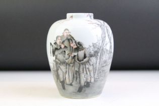 Chinese ovoid vase, hand decorated in black with warriors in traditional dress and trees beyond,