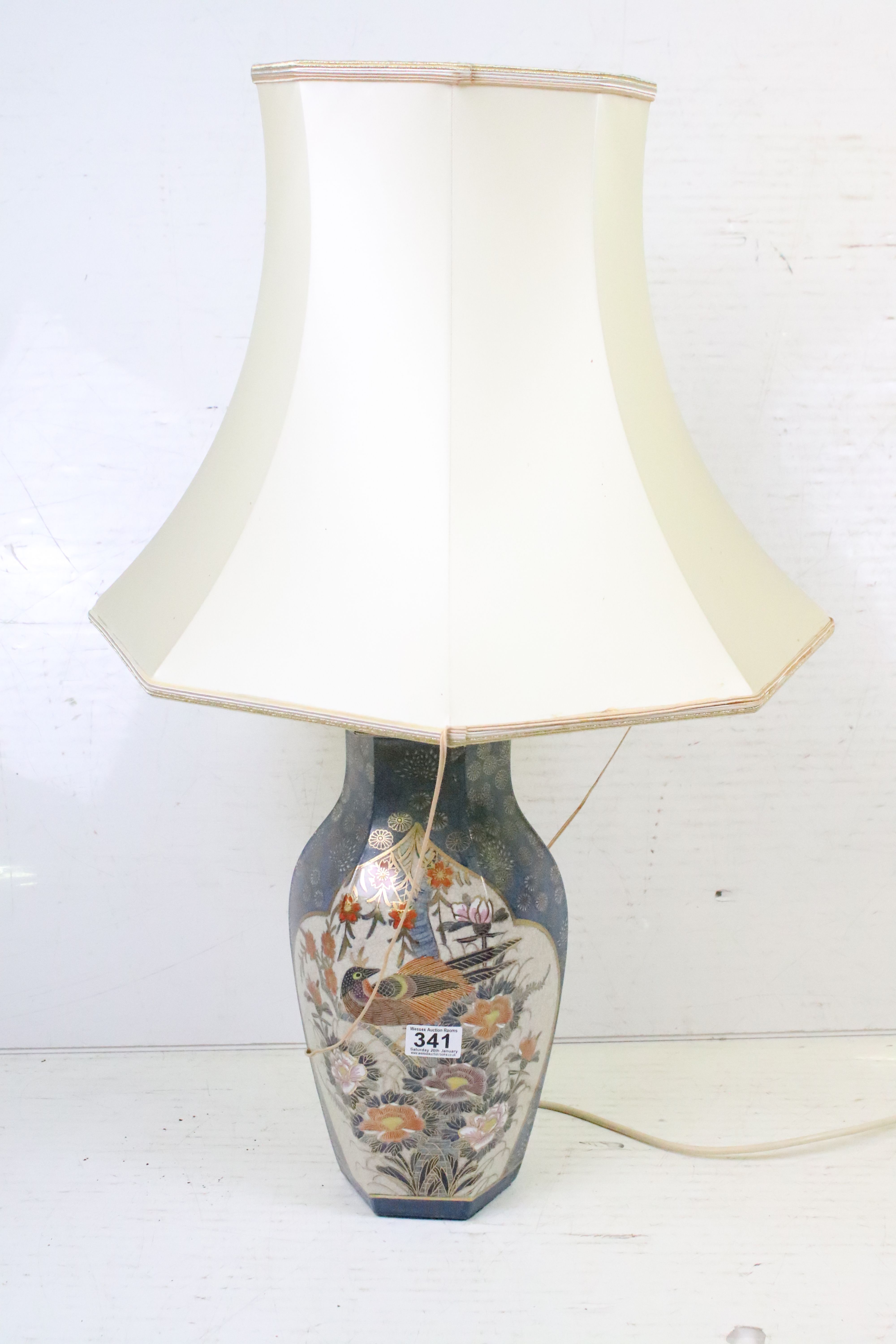 A ceramic oriental style table lamp together with two silver plated candlesticks. - Image 2 of 4