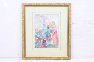 Gilt Framed Watercolour of an 18th century Classical Dance Ball scene with figures and minstrels,