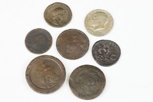 A small collection of coins to include a King George III cartwheel twopence.