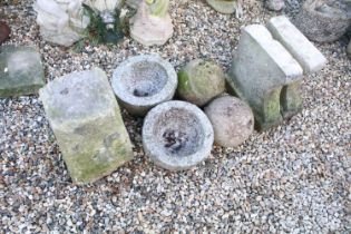 Collection of stone & reconstituted stone to include a staddle stone base, a pair of planters, a