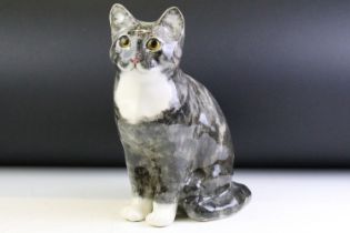 Winstanley Potery Grey Tabby Cat, seated, with glass eyes, size 6, signed to base, approx 29cm high