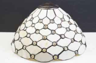 Tiffany style leaded glass light shade, the opaque white glass panels with orange/brown streaks,