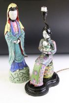 Chinese Famille Jaune table lamp in the form of a mother & baby, with enamel decoration; together